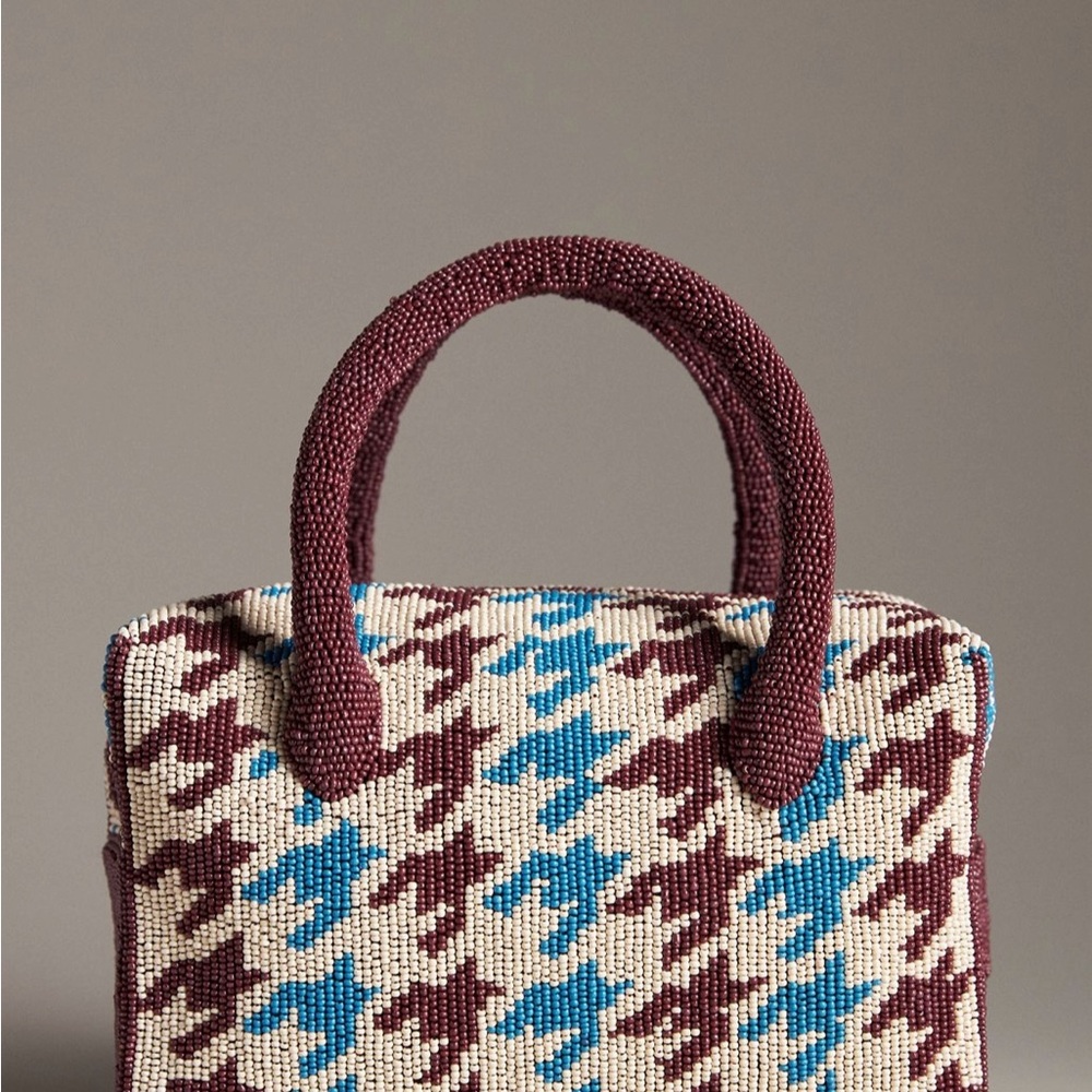 Anthropologie Burgundy and Blue Houndstooth beaded bag - Picture 2 of 3